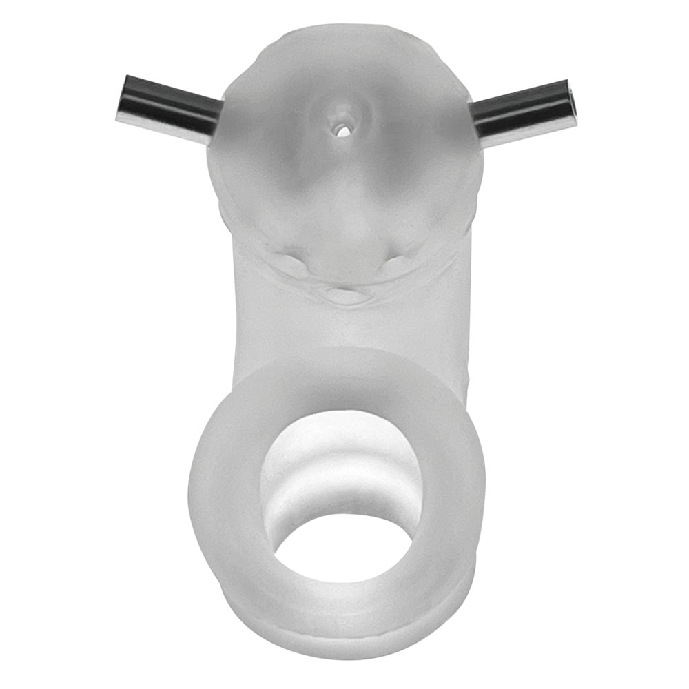 Clear ice vented silicone chastity cage with metal rods.