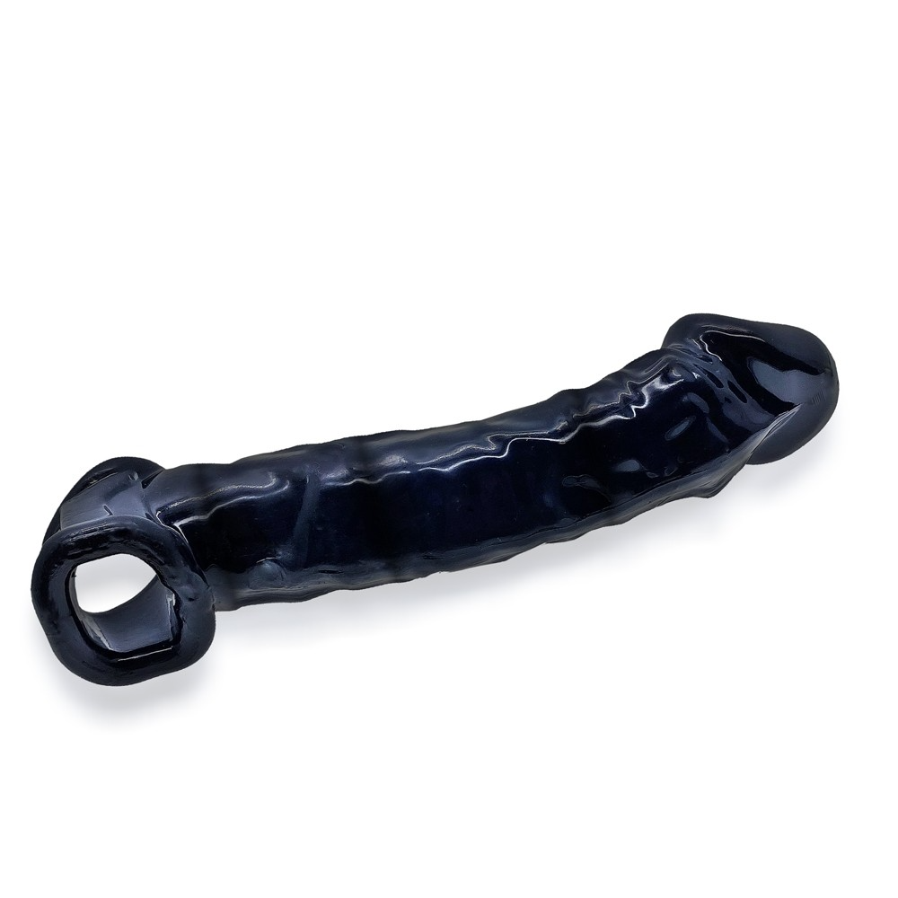 Black flexTPR cocksheath with a textured shaft and a ring base.