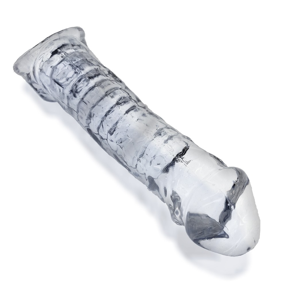 Clear flexTPR cocksheath with textured shaft and flared base.