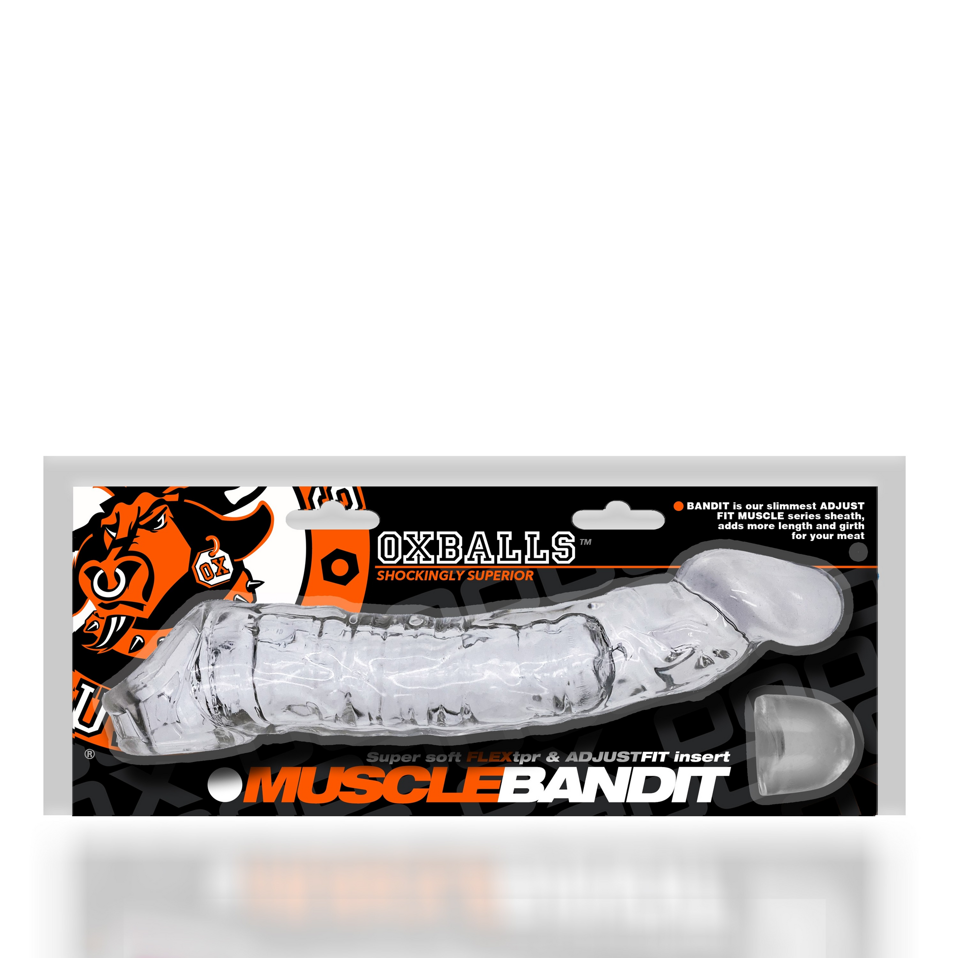Clear Muscle Bandit Slim Cocksheath by Oxballs on black packaging with orange accents.
