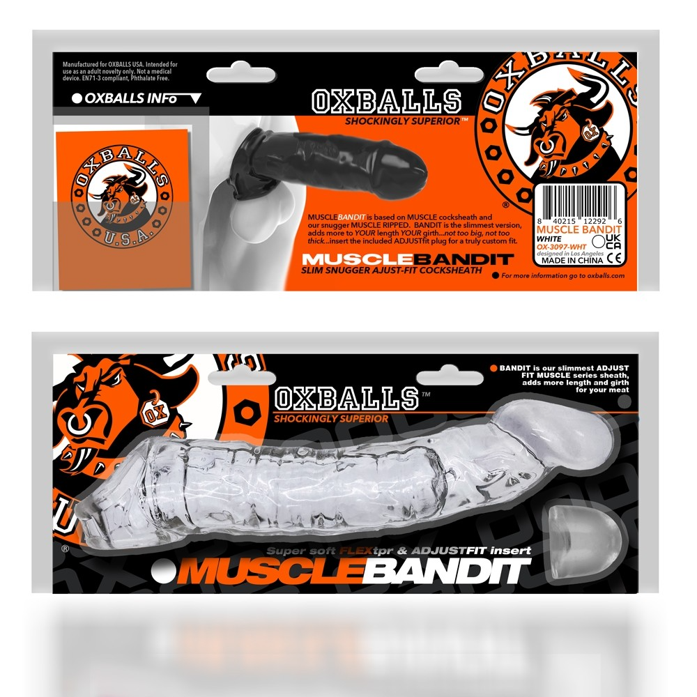Clear Oxballs Muscle Bandit cocksheath with textured shaft and adjustable insert.