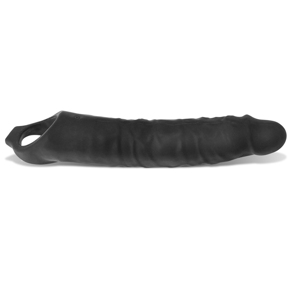 Black textured silicone cocksheath with a ring at the base.