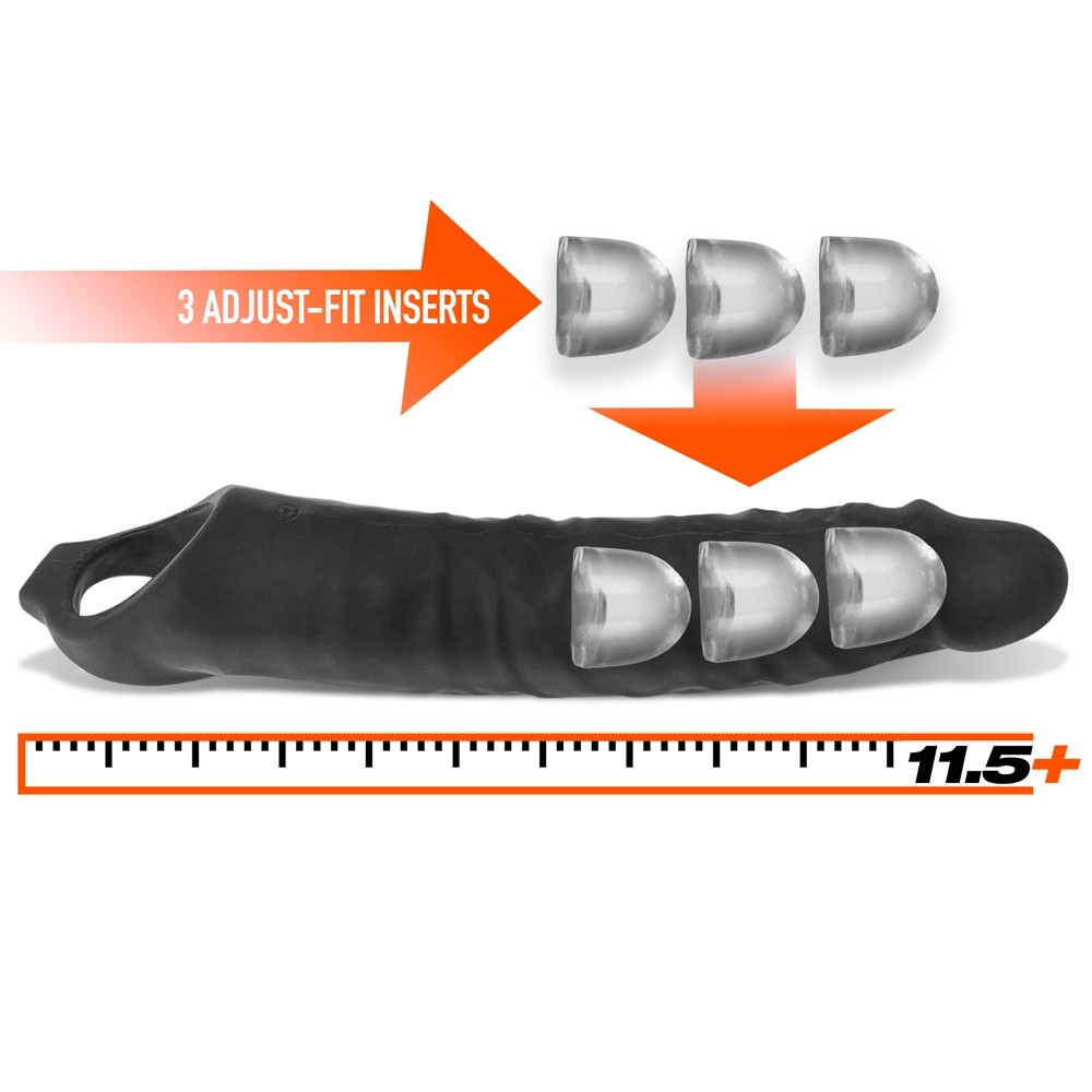 Snake Long Silicone Textured Cocksheath with 3 adjust-fit inserts and a ruler showing 11.5+ inches.