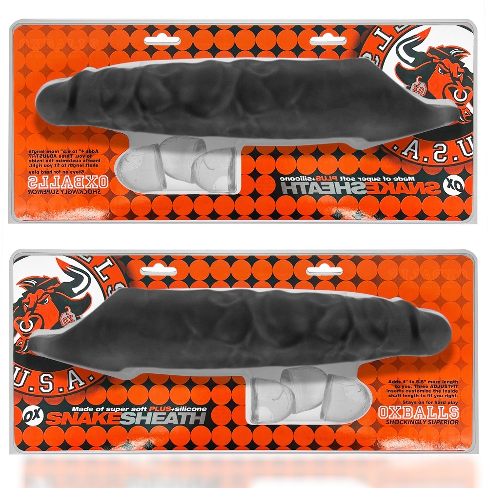 Black textured silicone cock sheath with inserts in packaging.