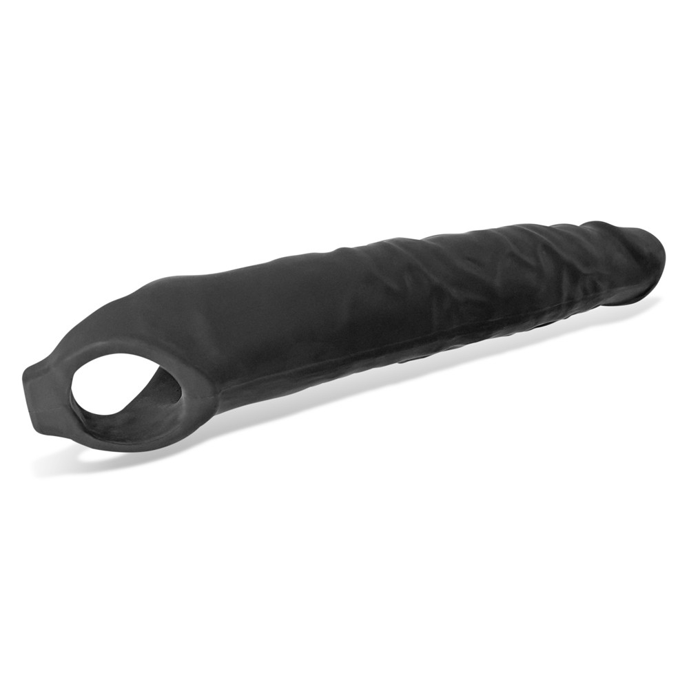 Black textured silicone cock sheath with a ring at the base.