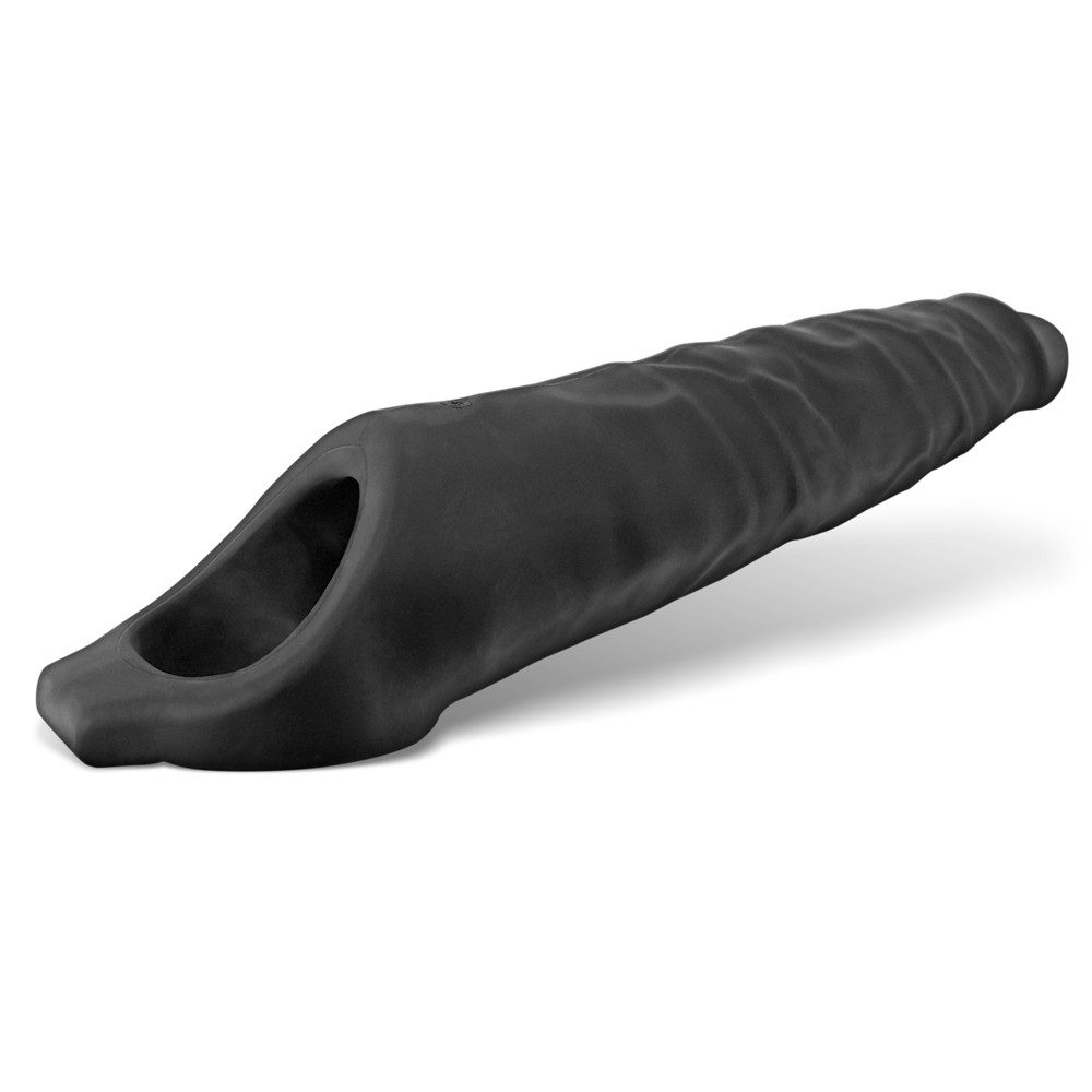 Black textured silicone cock sheath with a flared opening.