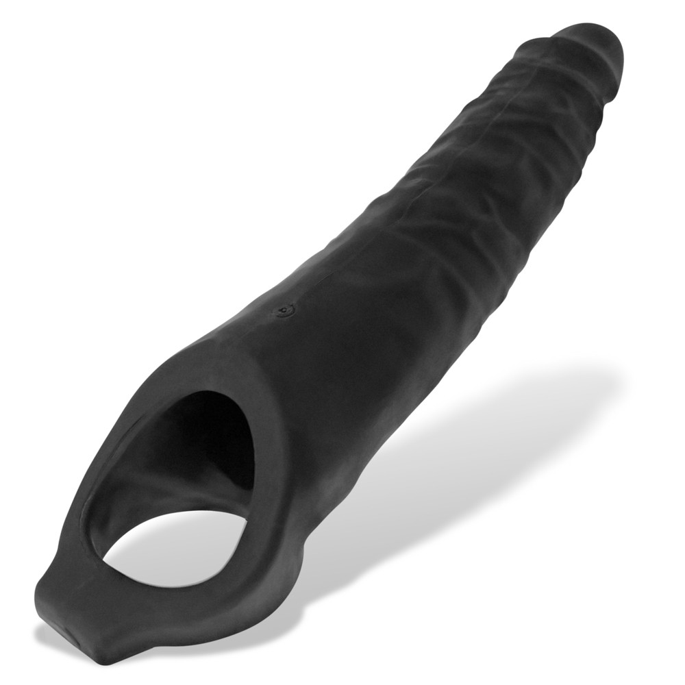 Black textured silicone cocksheath with a large ring at the base.