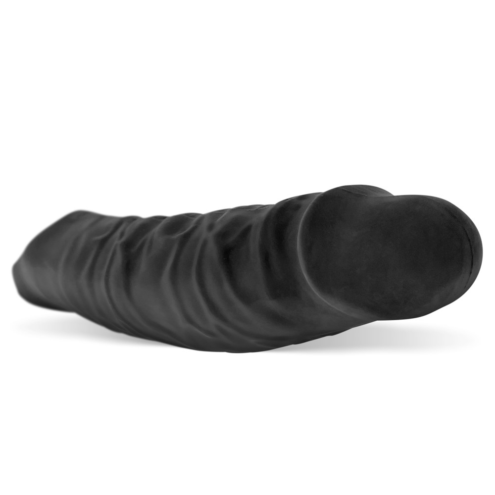 Black textured silicone cocksheath with a rounded tip.