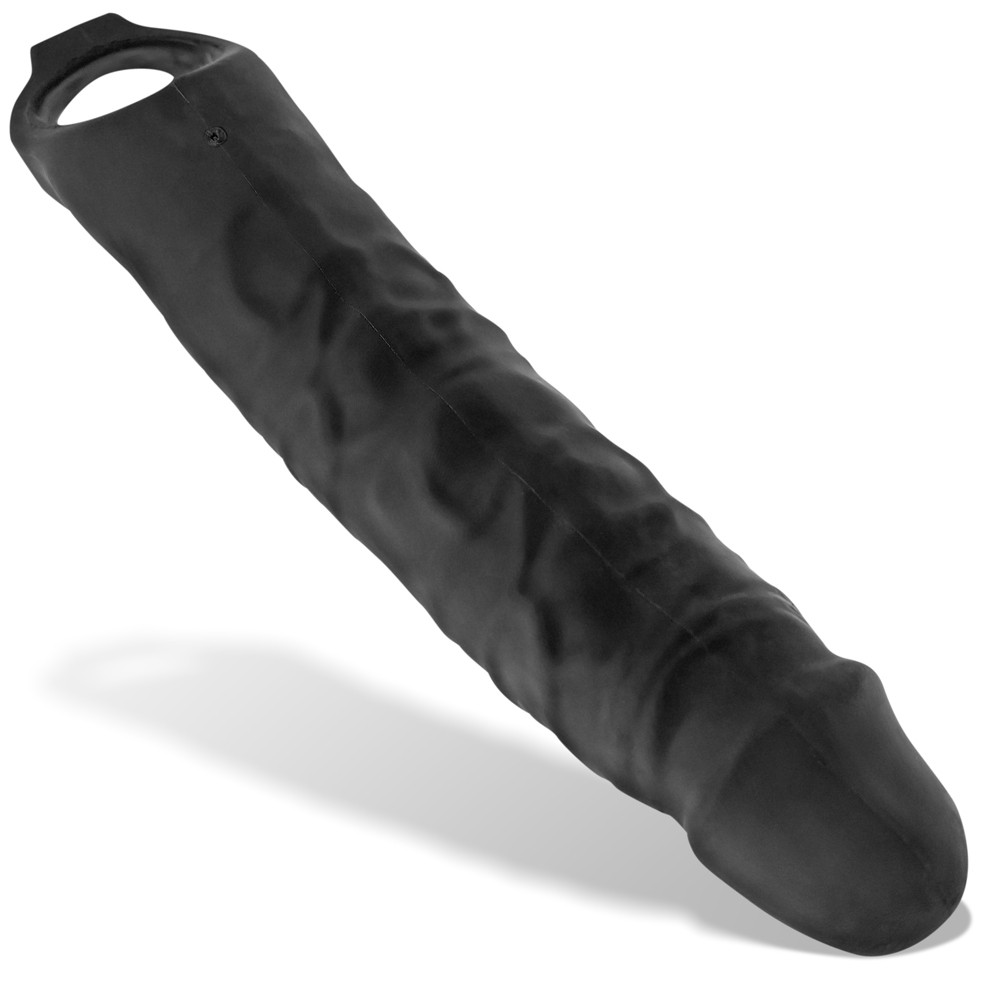 Black silicone textured cocksheath with veiny surface, loop base, and bullet inserts.