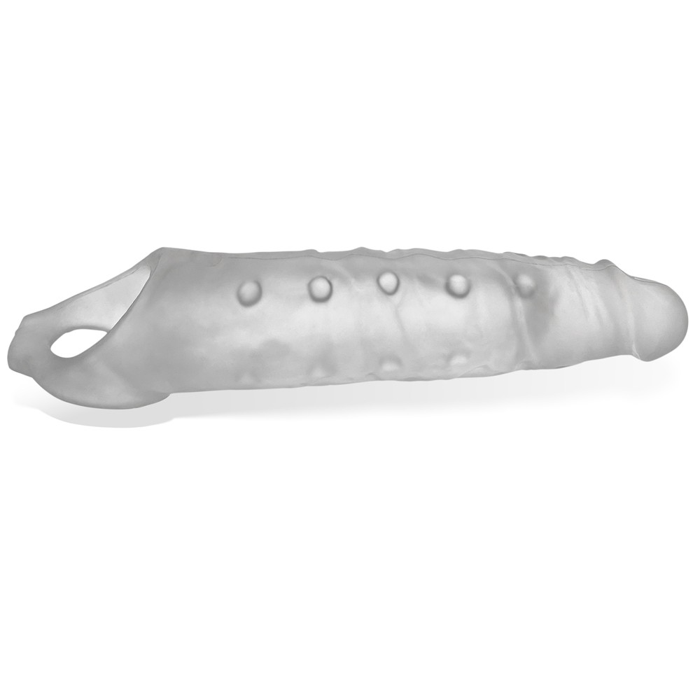 A clear silicone penis extension sheath with raised dots and a textured surface.