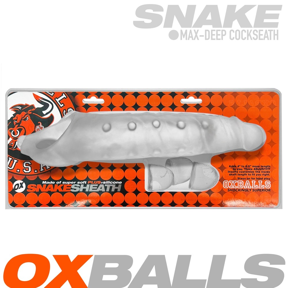 A clear silicone cock sheath with textured bumps and three adjustable inserts.