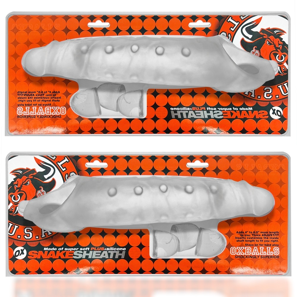 Clear silicone snake extension sheath with textured bumps and three inserts.