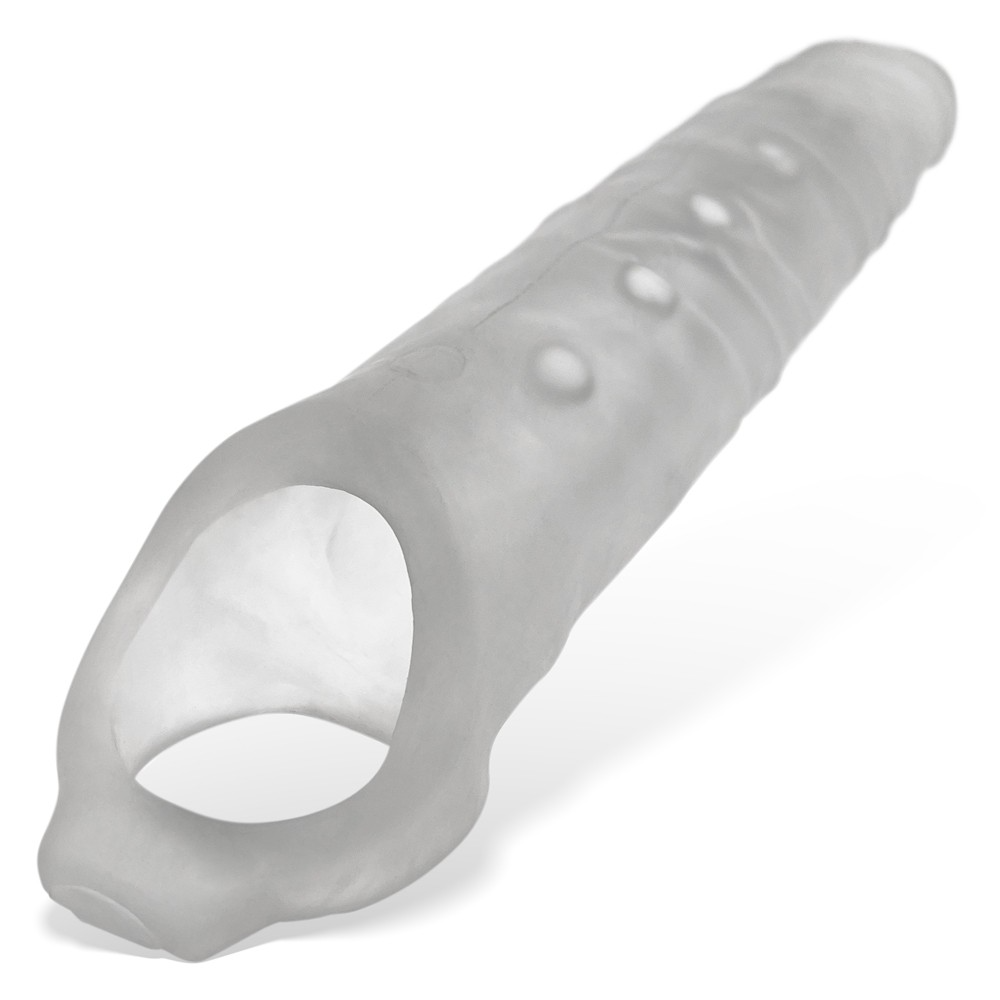 A translucent, textured silicone penis extension with a flared base.