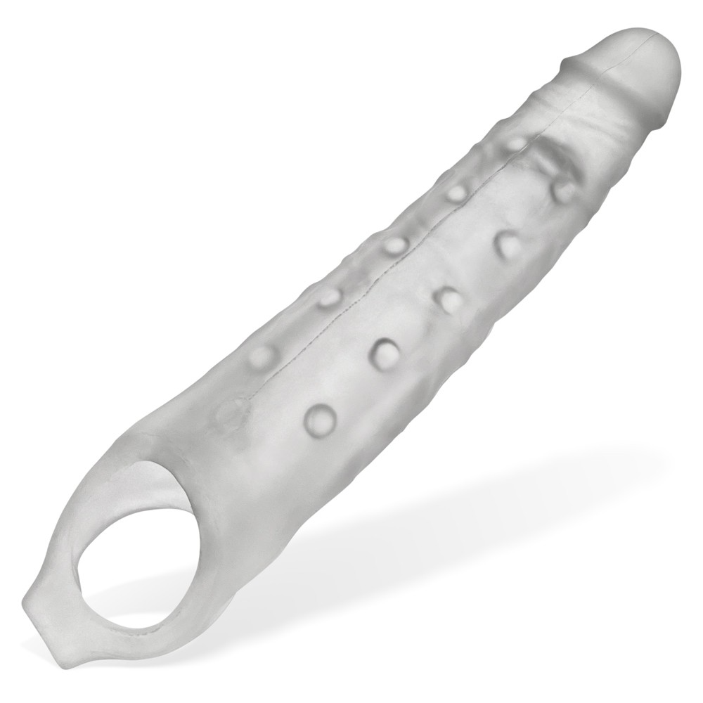 A clear silicone penis extension with raised bumps and a ring at the base.