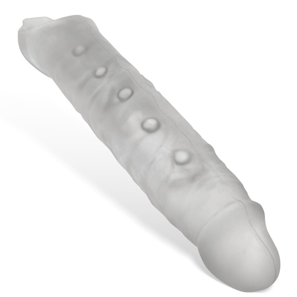 A translucent silicone extension sheath with raised textured bumps.