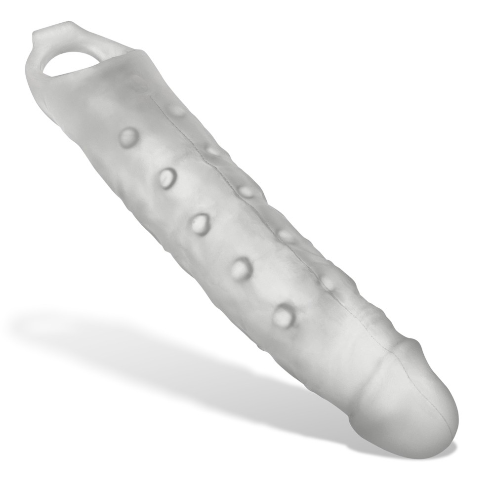 A textured, clear silicone penis extension with a loop at the base.