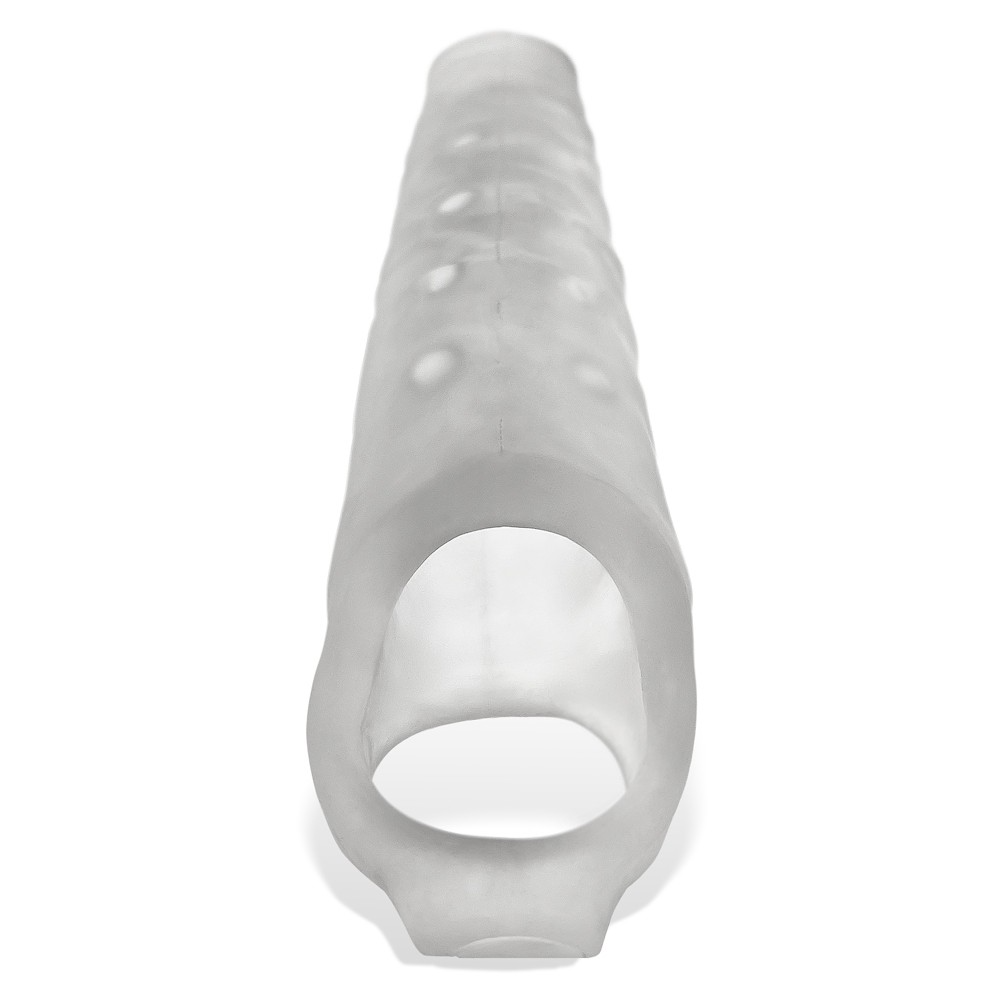 A textured, clear silicone penis extension sheath with a flared base.