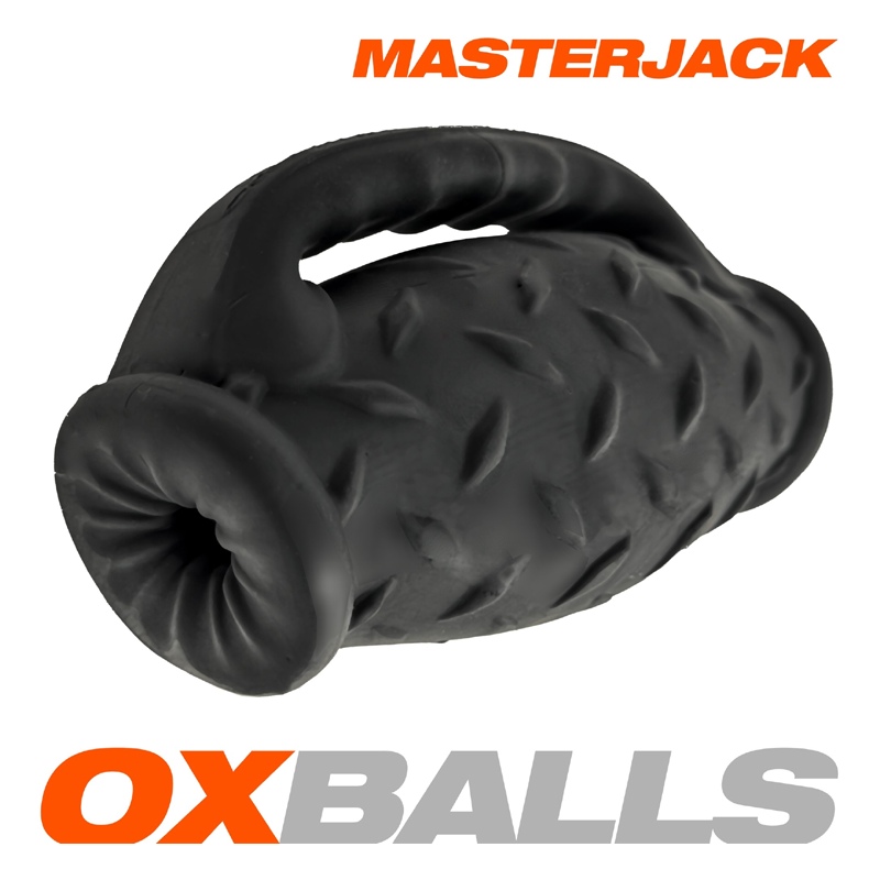 Black Masterjack silicone stroker with textured grip and handle.