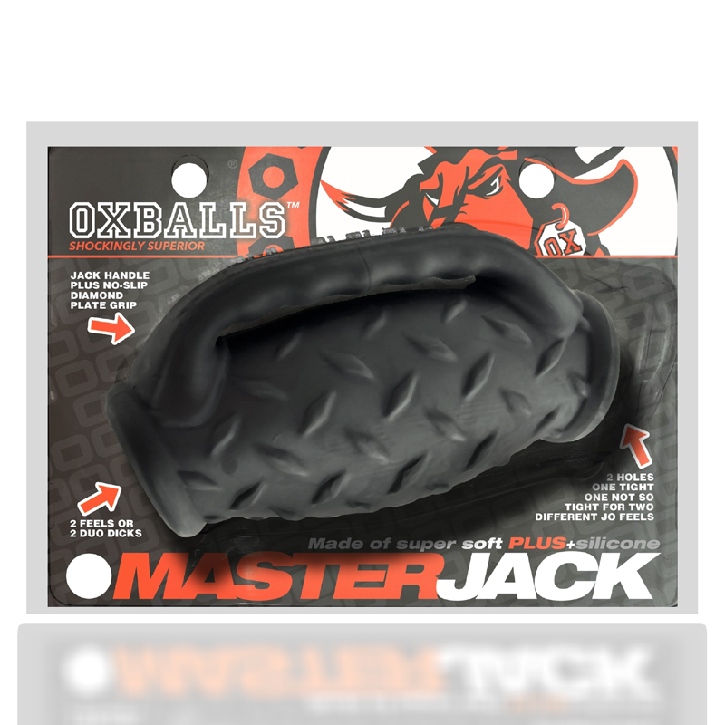 Black Masterjack silicone stroker with diamond plate grip and dual holes.
