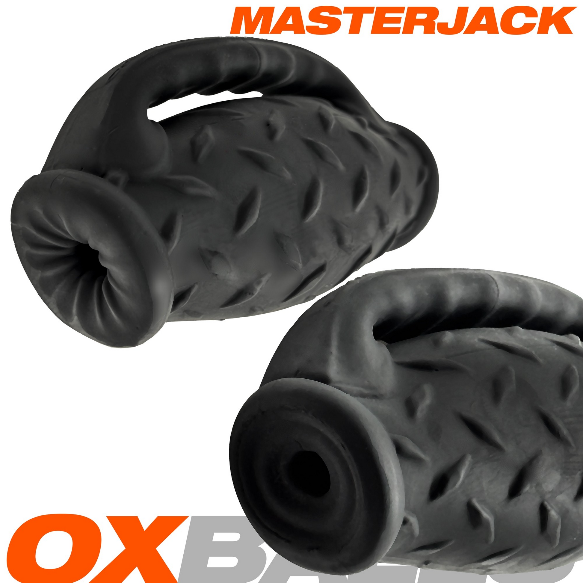 Black Masterjack silicone stroker with handle grip and diamond plate texture.