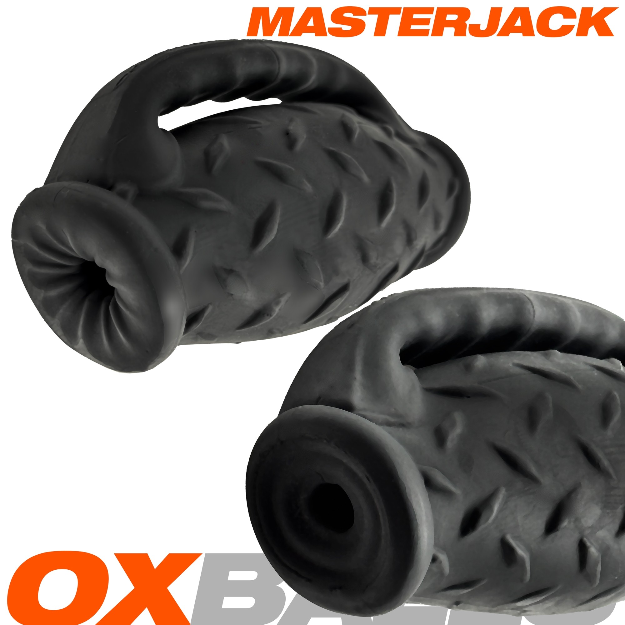Black Masterjack silicone stroker with handle grip and diamond plate texture.