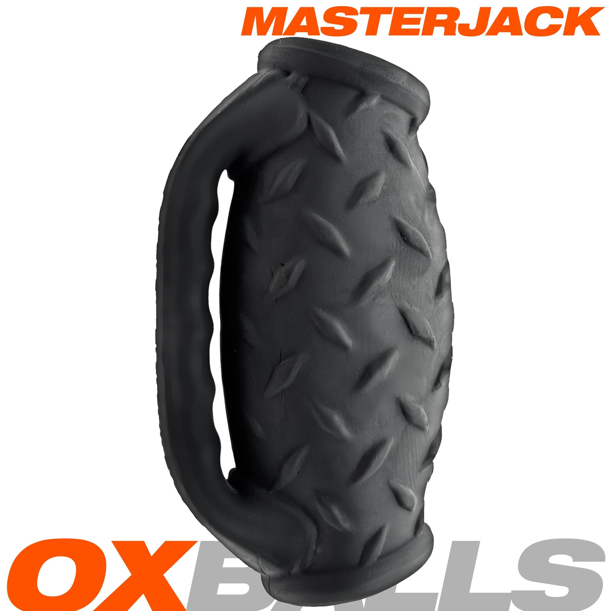 Black Masterjack silicone stroker with handle and diamond plate texture.