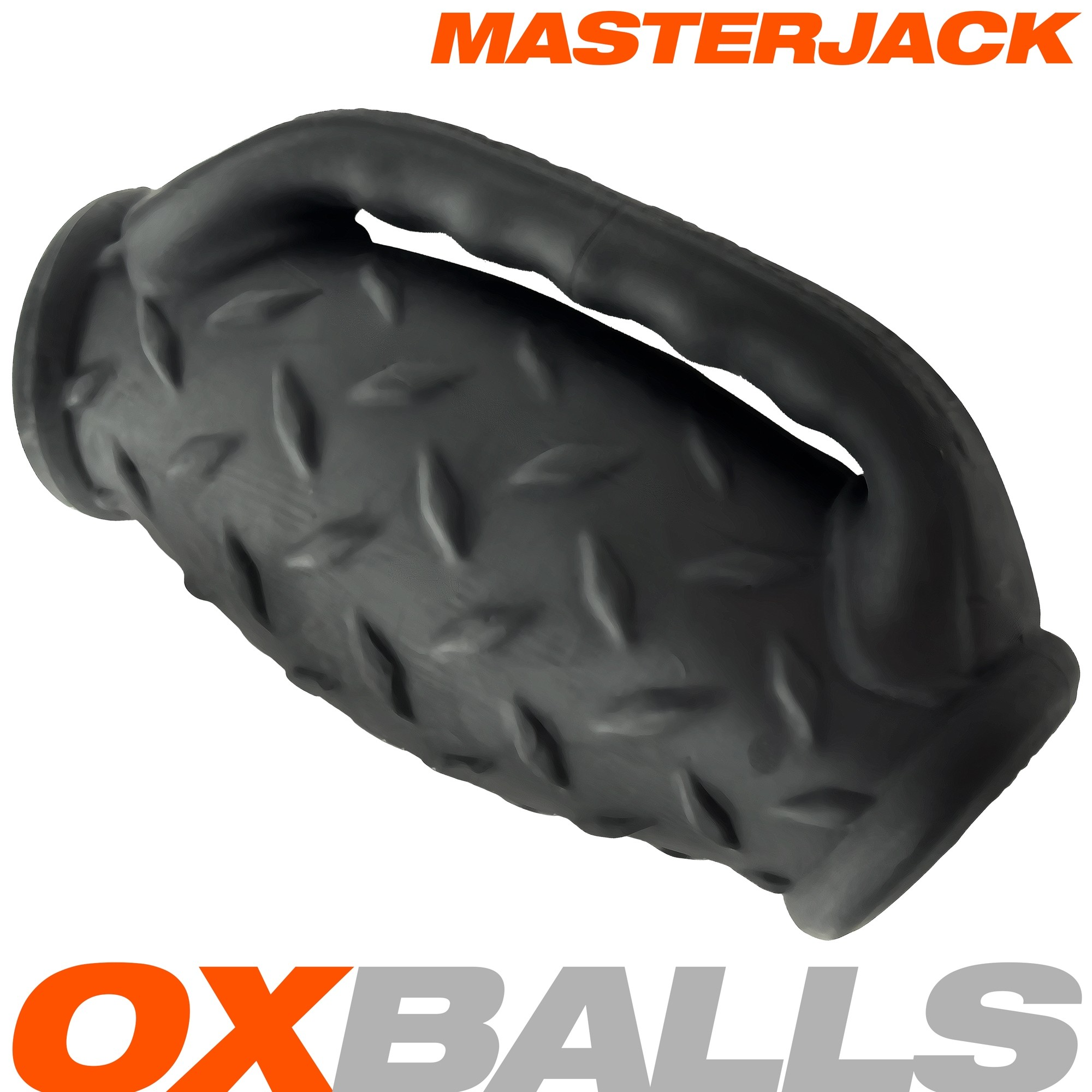 Black silicone stroker with a textured handle and diamond plate grip.
