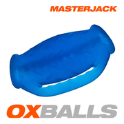Masterjack blue silicone stroker with textured grip and handle.