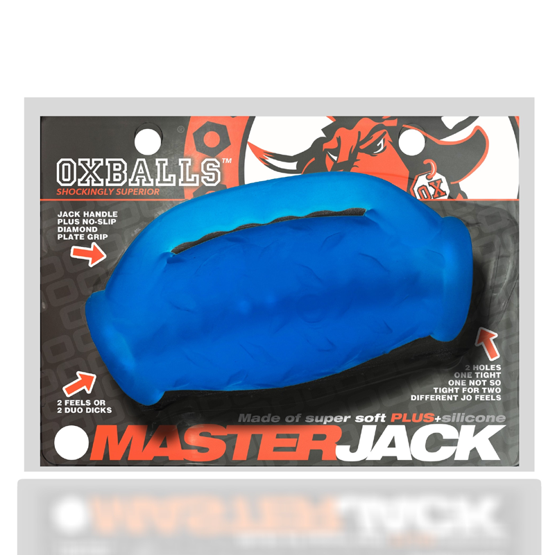 Blue Masterjack silicone stroker with handle grip and dual openings.