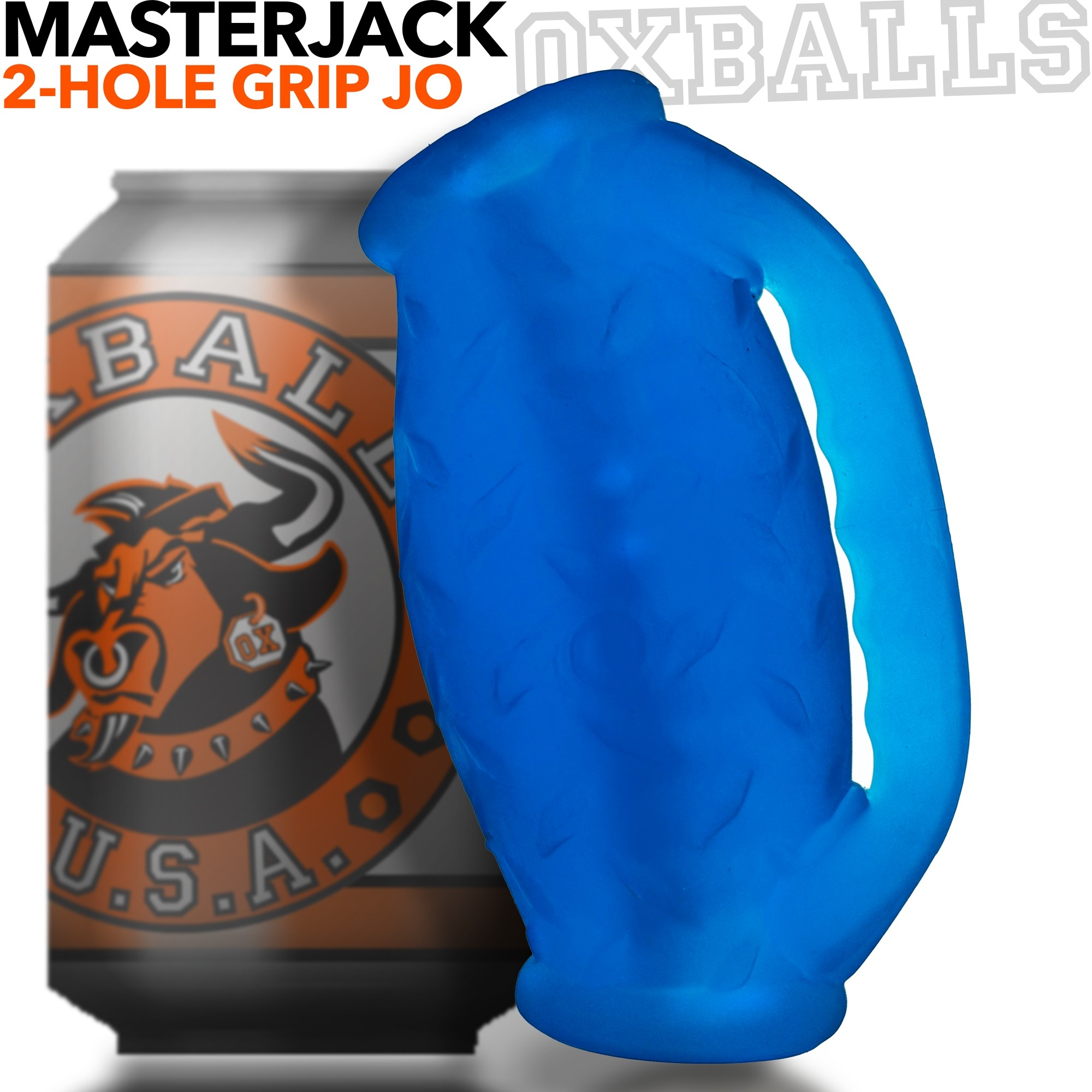 Masterjack blue silicone stroker with handle grip and textured surface.