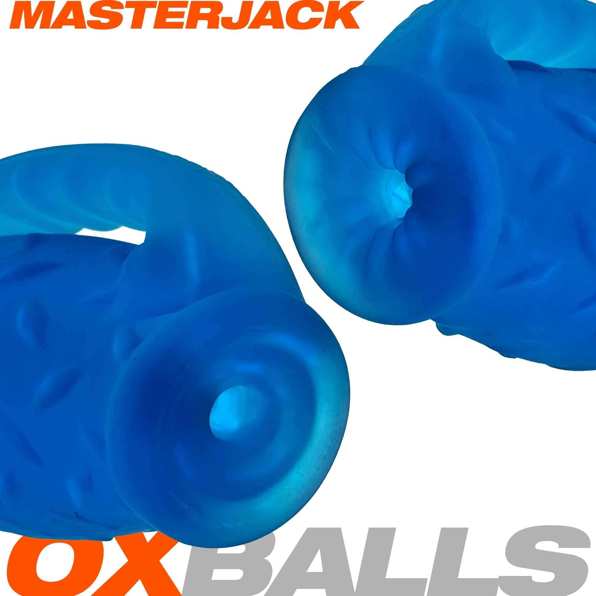 Masterjack silicone stroker in Blu Ice with dual openings and textured handle.