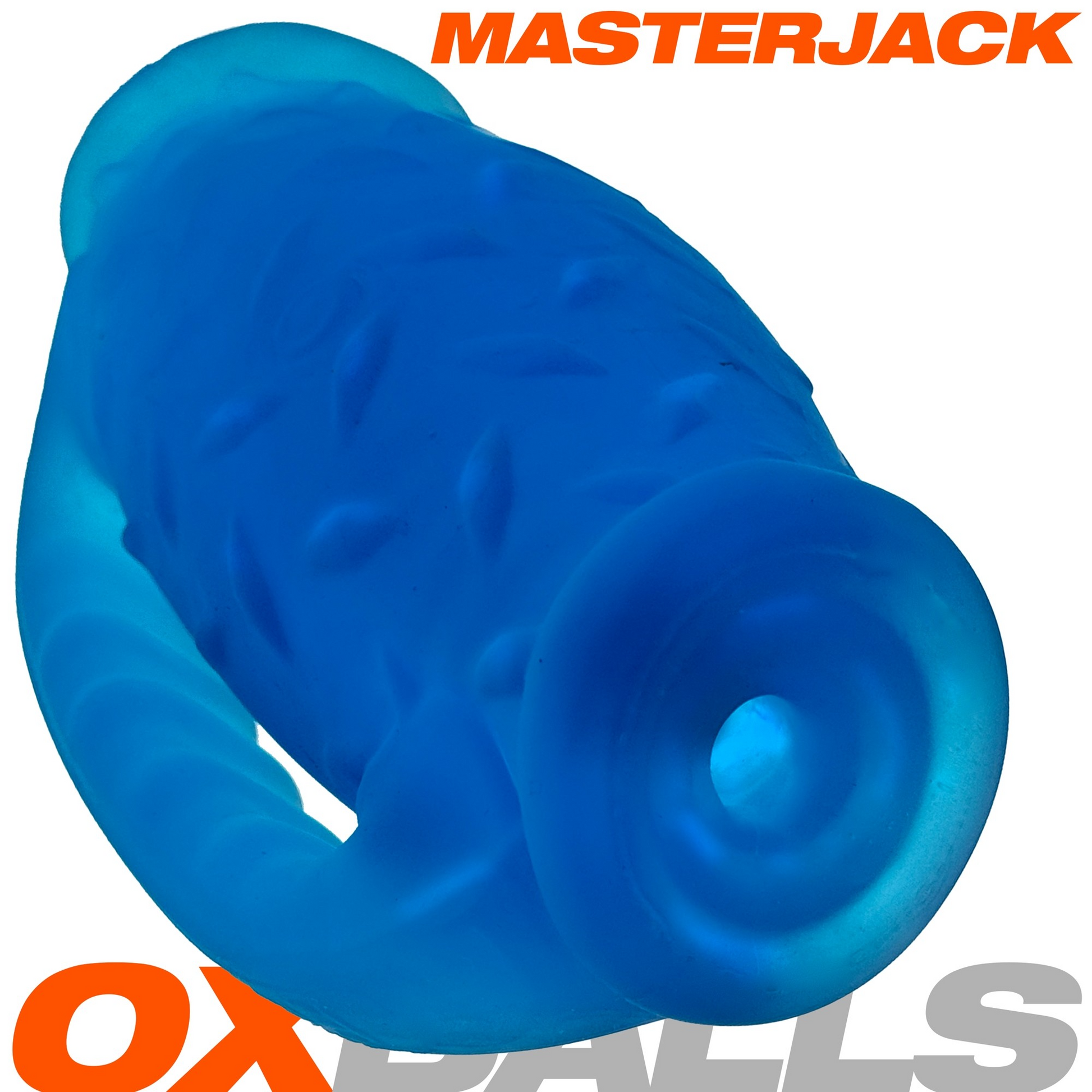 Masterjack blue silicone stroker with textured grip and dual openings.