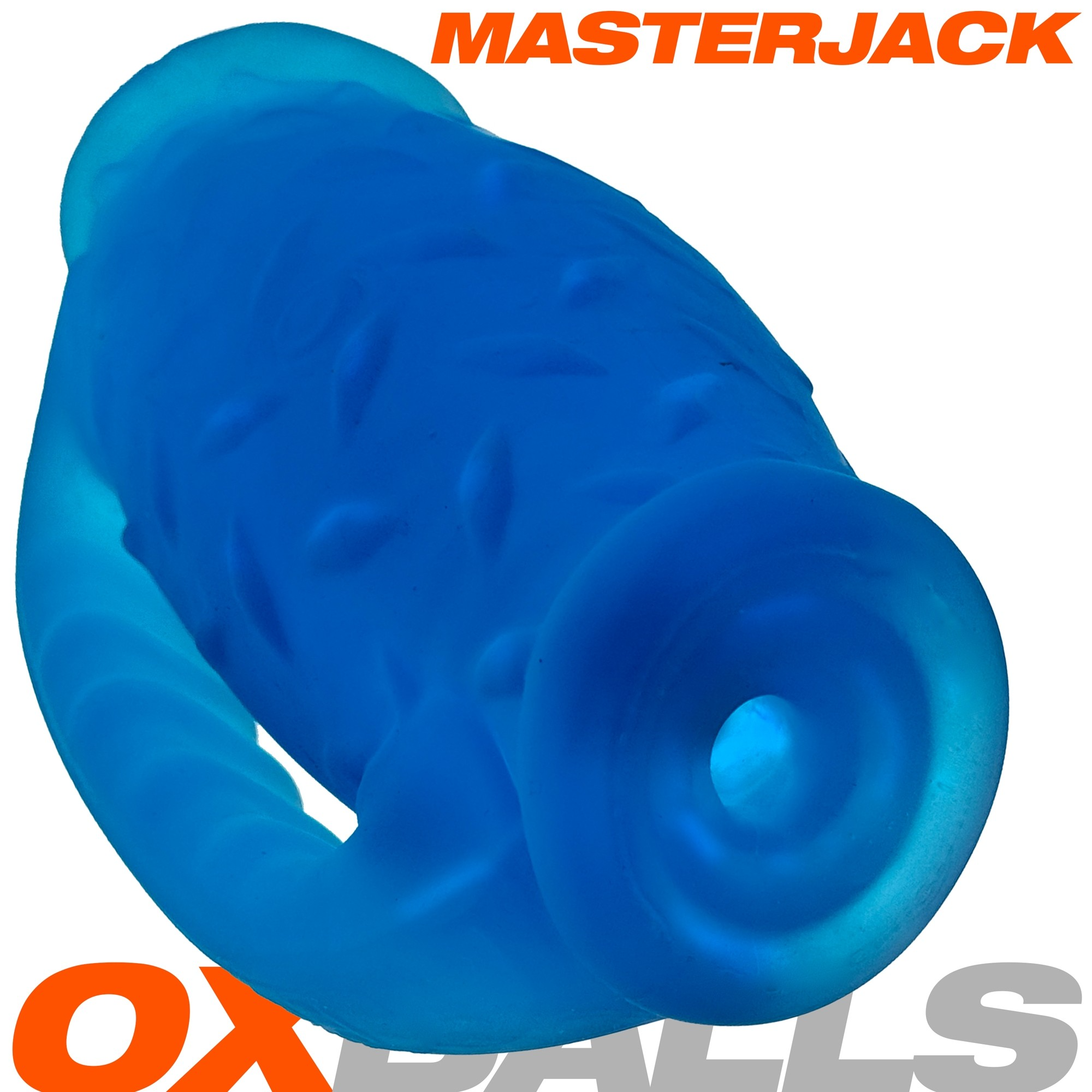 Masterjack blue silicone stroker with textured grip and dual openings.