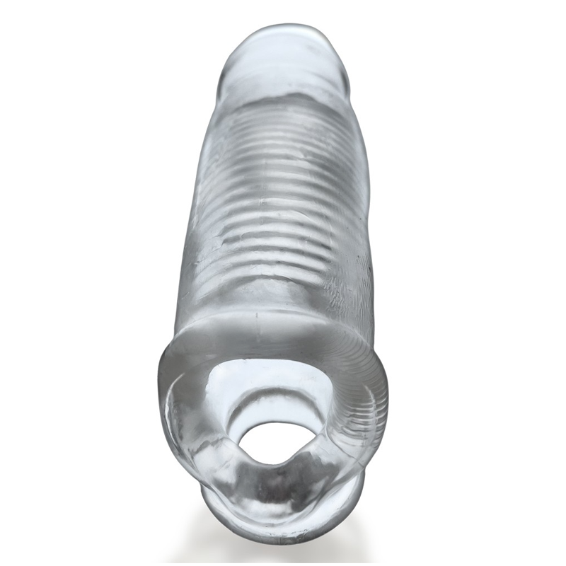 Clear cock sheath extension with inner ribs and a large opening.
