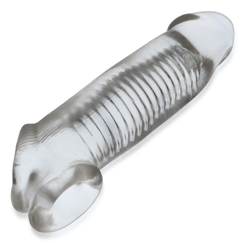 Clear cock sheath extension with inner ribs.