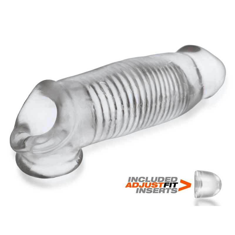 Clear cock sheath extension with inner ribs and adjustable inserts.