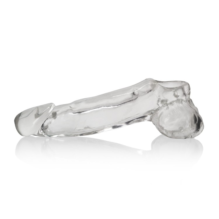 Clear cock sheath extender with a flared head and ballbag.