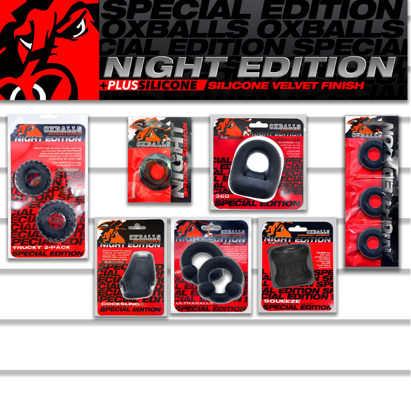 Night Edition silicone toy planogram kit with various black silicone rings and accessories.
