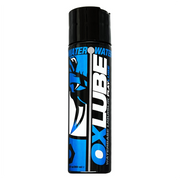 A black bottle of Oxballs water-based lubricant with blue and white lettering.