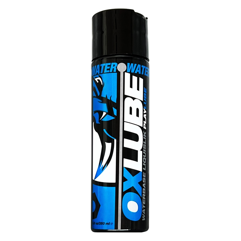 A black bottle of Ox Lube water-based lubricant with blue and white graphics.