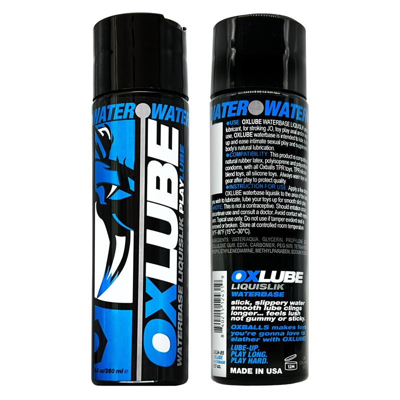 Two bottles of OxLube water-based personal lubricant with blue and white labeling.