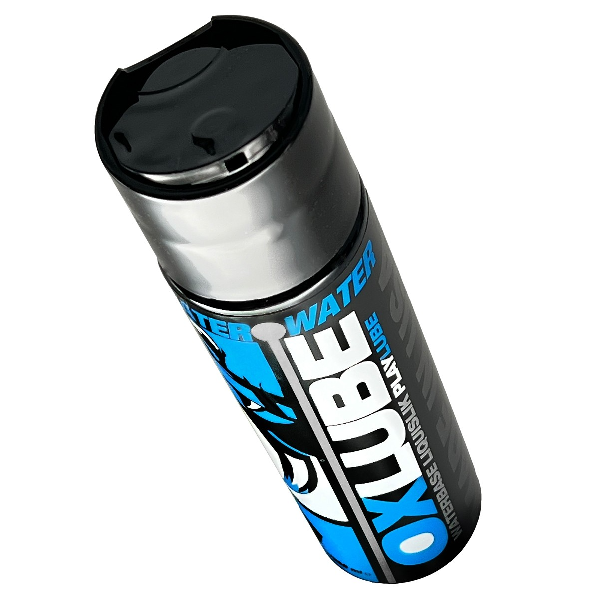 A bottle of Oxballs water-based lubricant with a black cap and blue and white labeling.