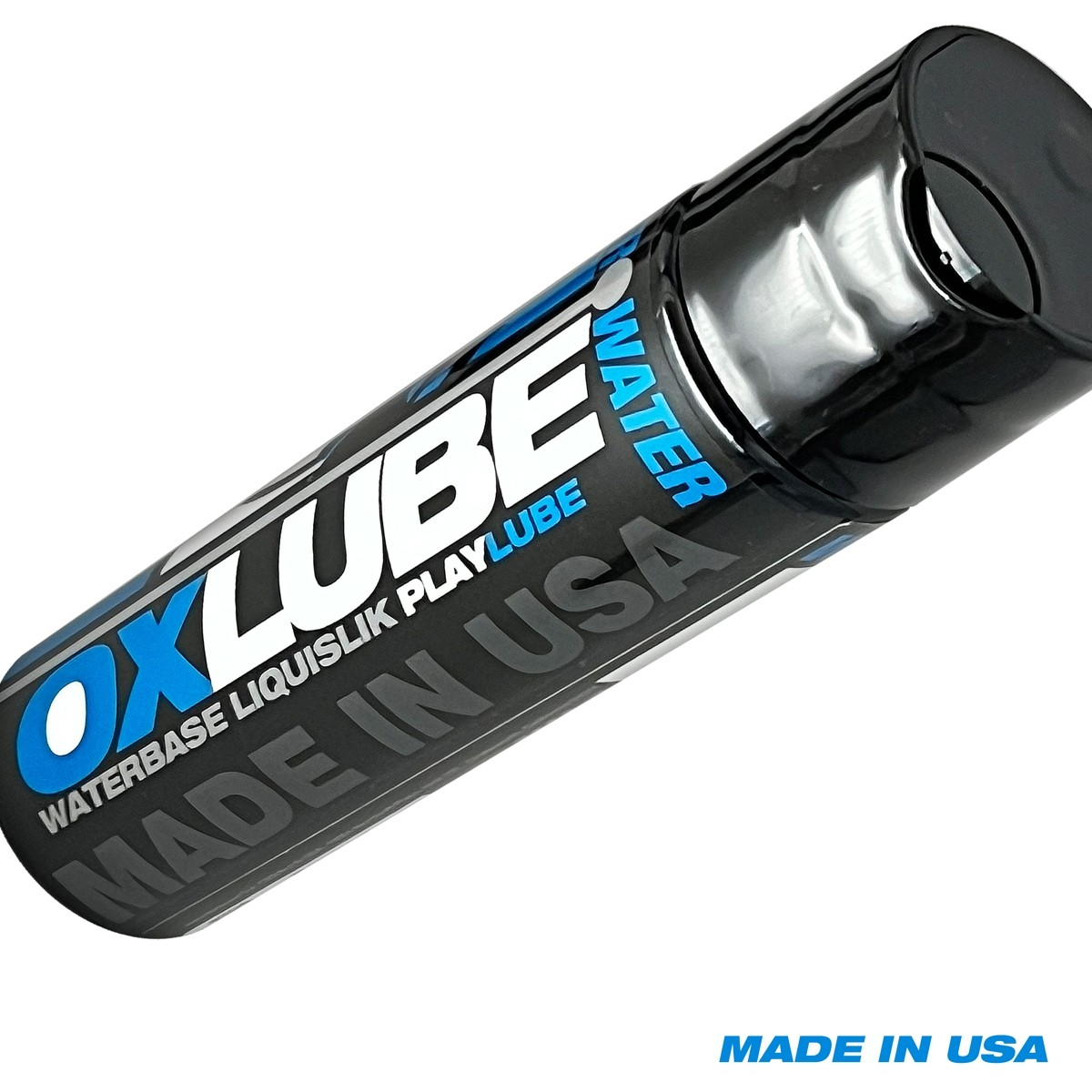 A black bottle of OxLube waterbase personal lubricant with blue and white text.