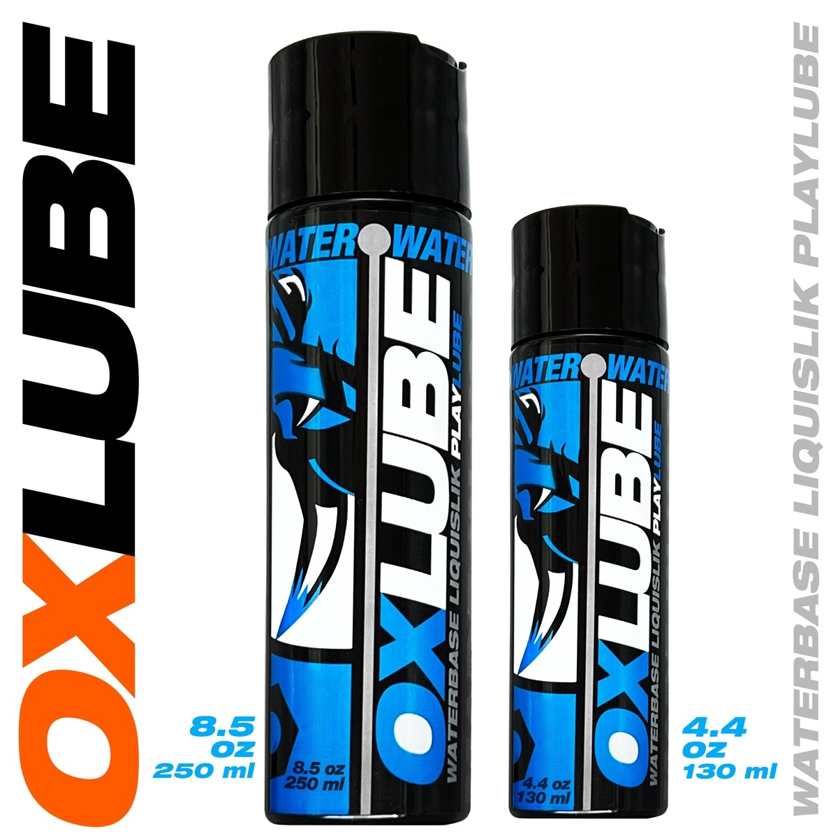 Two bottles of OxLube water-based lubricant with blue and white branding.