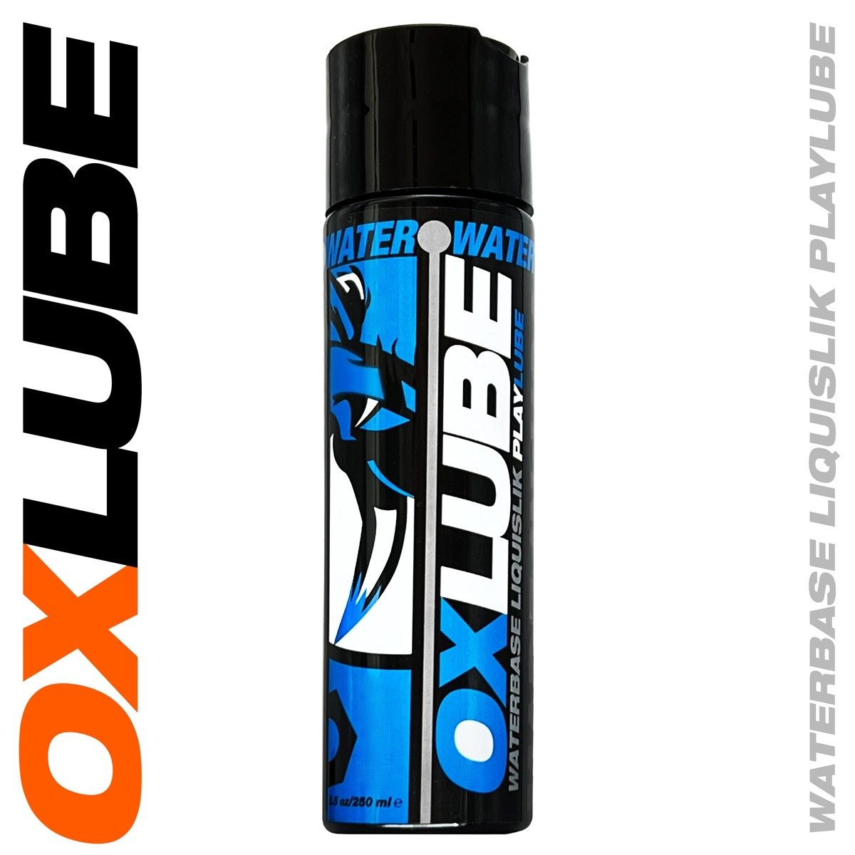 A bottle of OxLube water-based personal lubricant with a blue and black design.
