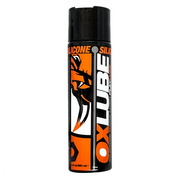 A bottle of OxLube thick silicone personal lubricant with an orange and black tiger design.