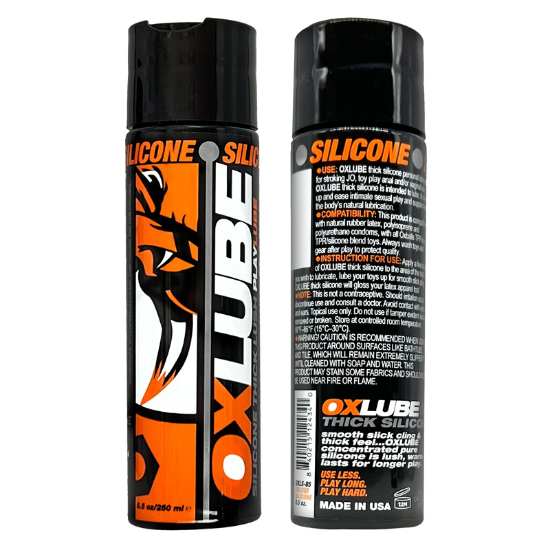 Two bottles of OxLube thick silicone lubricant with orange and black labels.
