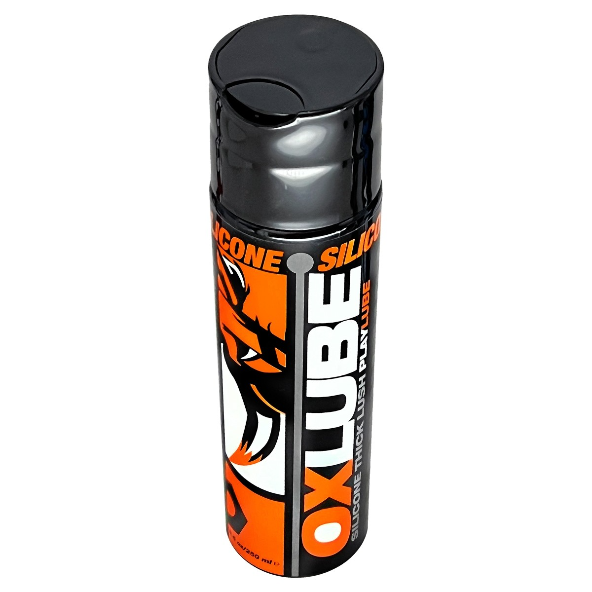 A black bottle of OxLube thick silicone lubricant with orange and white labeling.