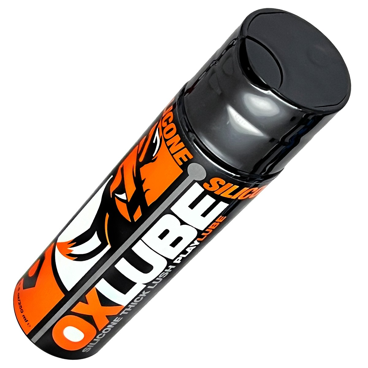 A black bottle of Oxballs OXLUBE thick silicone lubricant with orange and white branding.