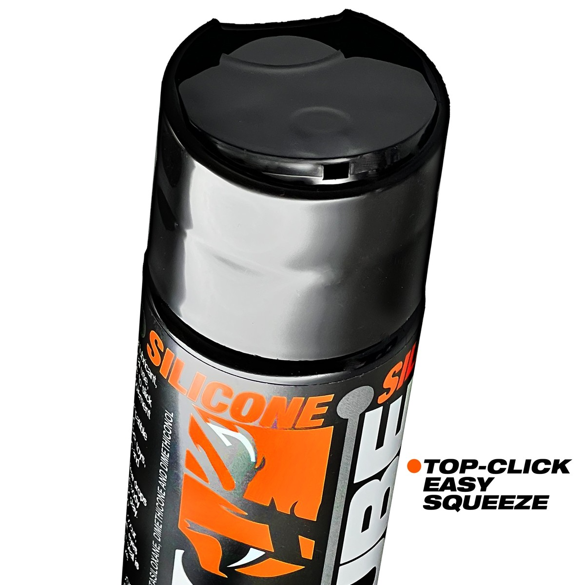 A black spray can with a silver band and orange and white label.